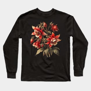 Clementine Red Columbine Vintage Botanical Long Sleeve T-Shirt